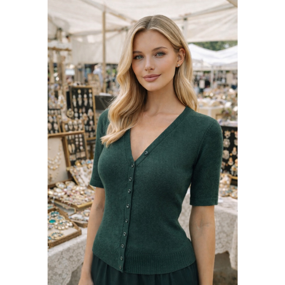 Vintage Button Up V Neck Cardigan Sag Harbor Green Silk Fitted Short Sleeve M